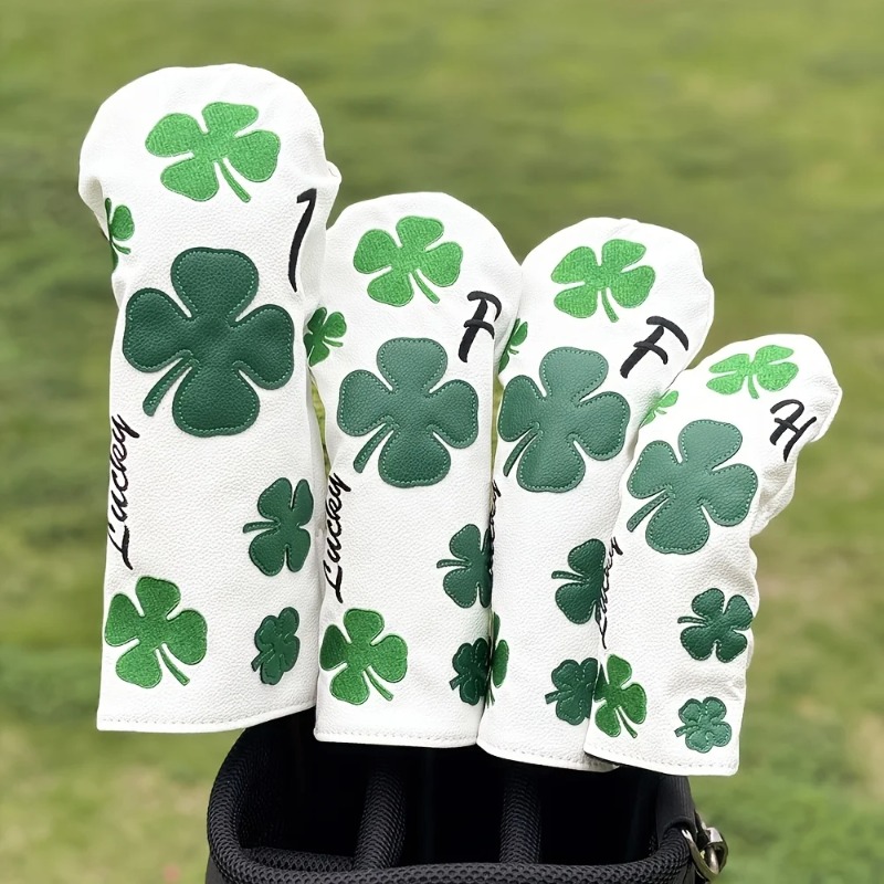 Golf Equipment Organizer - スタイリッシュなクローバーゴルフクラブヘッドカバー - 耐久性のある白地に緑の四つ葉のクローバーデザイン、保護用クラブプロテクター