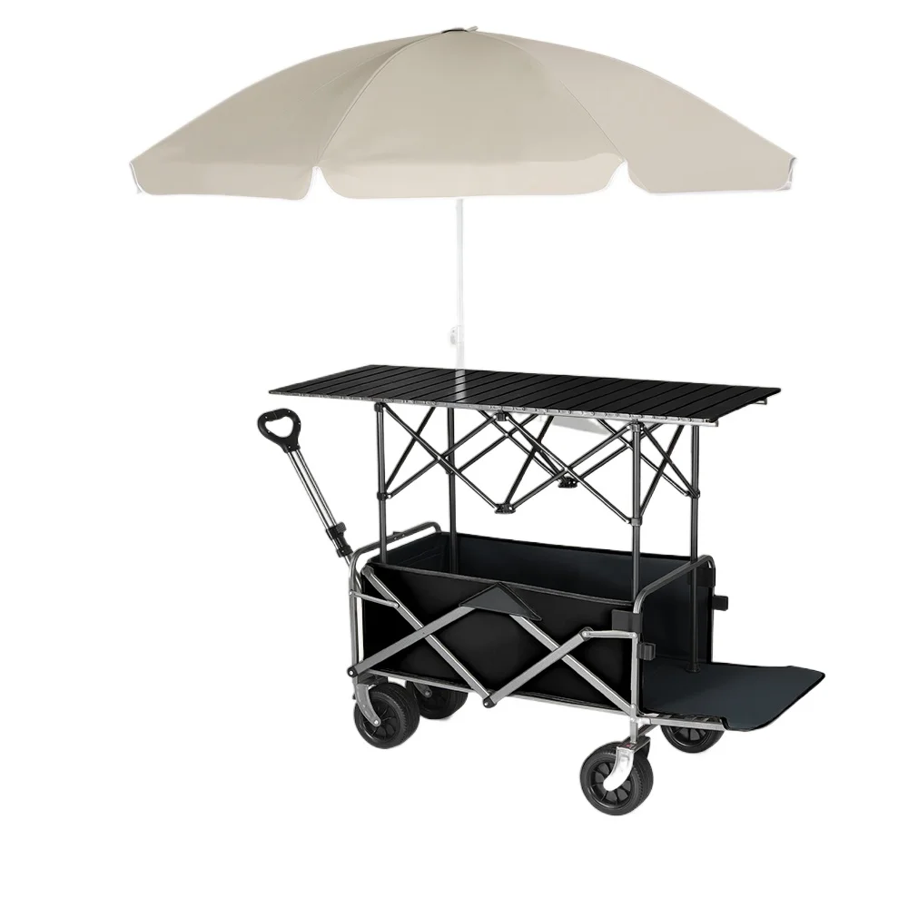 Pull Cart Fold - 折りたたみ式テーブル付き屋外キャンプピクニックカート、ポータブル、パラソルリフト、ストールトロリーキャンパーカート