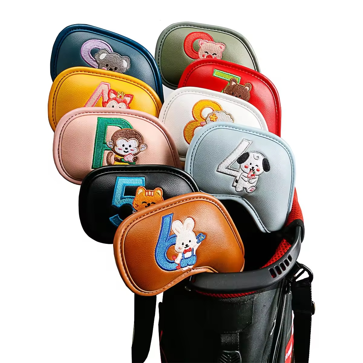 Golf Equipment Organizer - 9個入りのかわいい漫画風動物ゴルフアイアンヘッドカバー、PUレザー刺繍クラブプロテクター、男性女性ゴルファーへのゴルフアクセサリーギフト